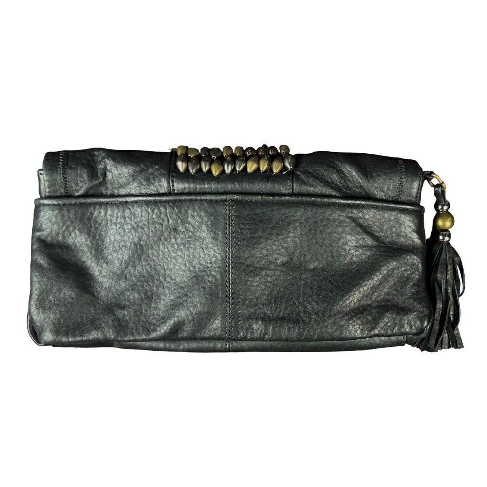 Vince Camuto Clutch Black Gold Metal Studded Tassel Leather Magnetic Purse - Picture 2 of 8